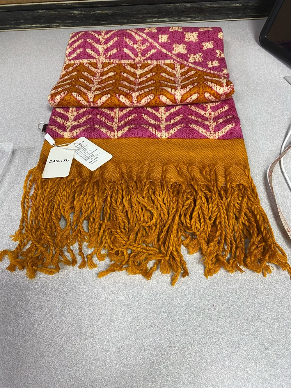 Dana Xu 100% wool Pink and Mustard Fringe Women's Scarf